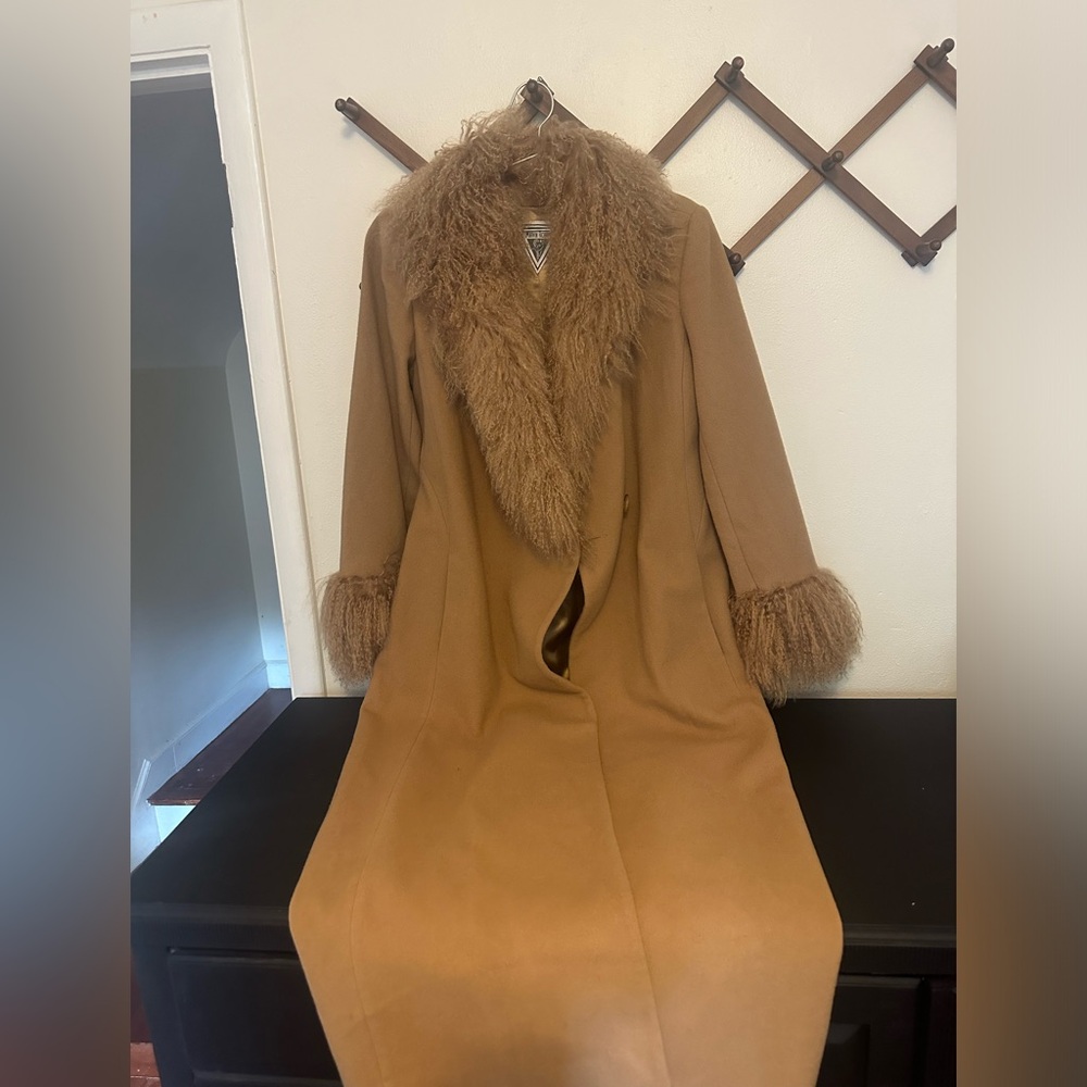 Marvin Richards genuine wool & Mongolian fur trim coat